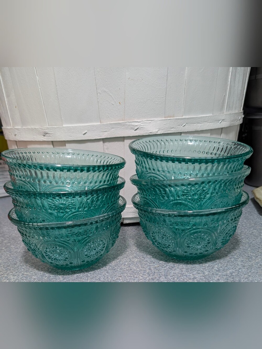 Set of 6 Pioneer Woman Adeline Teal Embossed Glass Bowls - 13 oz